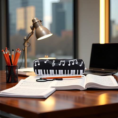 Image of Black violin Oxford Cloth Pencil Case,Square Single Layer Music Notes Piano Keyboard Pencil Case Large Capacity Pen Bags Stationery Office Supplies Pencil Holders and Pen Holders