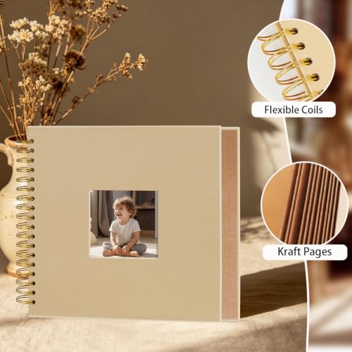 Álbum de recortes DIY Artmag de 10 x 10 pulgadas con tapa dura y ventanilla, papel kraft en blanco, 40 hojas (80 páginas), para libro de visitas, boda familiar y aniversario (marrón) miniatura 4