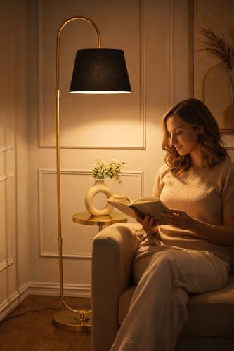 Image of Deco Crush Modern Table Shelf LED Floor Lamp Standing Antique Brass Gold Finish for Home Decoration,Living Room 5ft Height with Black Lampshade (Pack of 1)