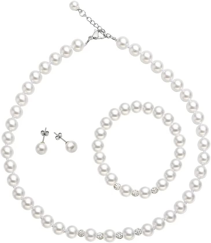 White 8mm Glass Pearls Necklace Bracelet Earring Jewelry 3 Set Wholesale for Women Little Girls
