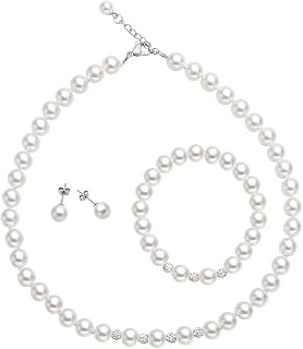 White 8mm Glass Pearls Necklace Bracelet Earring Jewelry 3 Set Wholesale for Women Little Girls