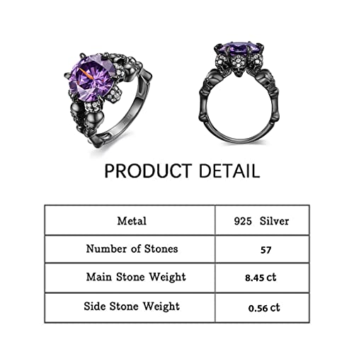 Jeulia Round Cut Silver Skull Ring: Sterling Silver Black Diamond Gothic Ring Band Fashion Anniversary Promise Engagement Wedding Halloween Ring Bride Set for Her with Gift Jewelry Box2