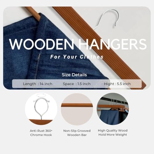 Image of BLOOMAX 14‑Inch Wooden Trouser Hangers | Walnut Finish | German Technique | Non‑Slip Bar & 360 Swivel Hook | Pack of 12 Premium Wardrobe Hangers | Made in India