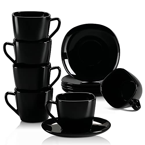 MALACASA Dennis Juego de Cafe y Platillos 6 Tazas 220ml y 6 Platillos 5.5" set de 12 piezas Vidrio Opal Negro