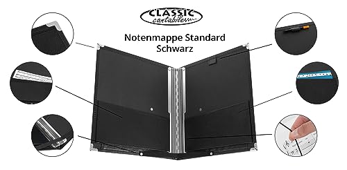 Classic Cantabile Notenmappe Standard - Chormappe für Musiknoten - Notenordner aus Kunstleder - Für Notenblätter bis DIN A4 - Musikordner mit Innentasche - Registermappe mit Schutzecken - Schwarz