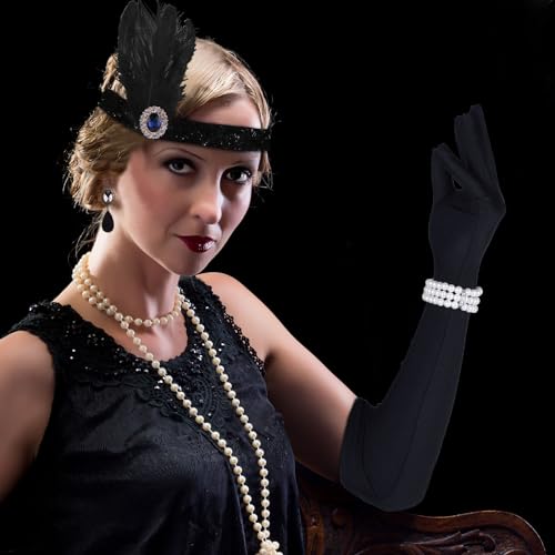 FEPITO 1920s Set de accesorios Flapper Headband Collar Pendientes Guantes negros largos Soporte Medias de rejilla Grandes accesorios Gatsby para mujeres Women (Set B) - imagen 6