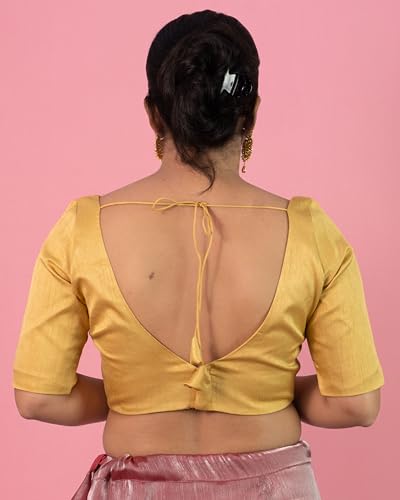 Image of FIGURE'S DESIGNER Women's Dupion Raw Silk Half Elbow Sleeves Sweetheart V Neck Sabyasachi Cut Readymade Saree Blouse S10