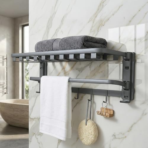Image of Amazon Basics Suction Towel Rack for Bathroom | Rustproof Wall - Mounted Towel Holder with Hooks | Strong Vacuum Grip, No Drilling Required Grey