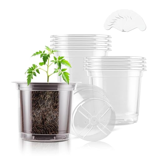 SupKing 4 Inch Clear Plant Nursery Pots 8 Packs Durable Plastic Seed Starters Small Orchid Flower Pots with Drainage Holes for Transplanting Succulents Cuttings Seedlings Bonus 15 Plant Labels