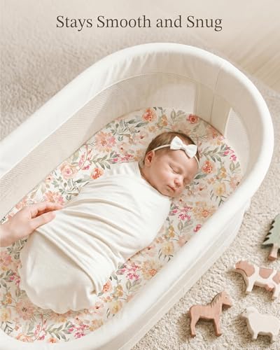 Image of Bassinet Sheets for Baby Girls Boys 2 Pack, Fitted Baby Mattress Sheet for Rectangle, Oval, Hourglass Bassinet Mattress, Breathable Cozy & Universal Fit (Golden Meadow, Bassinet Sheet)