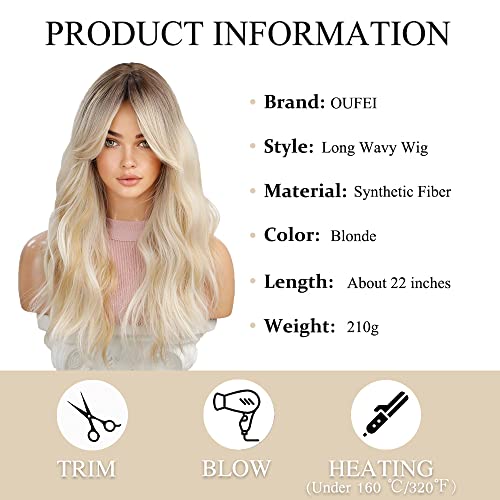 OUFEI Blonde Wigs for Women Long Curly Wig With Bangs Wavy wig with Dark Roots Natural Synthetic Hair for Daily Party Cosplay Wear-24 Inches - Image 2