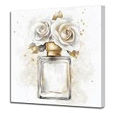 PBXBJY Flower Bathroom Decor Perfume Bottle with Flower Wall Art Gold Grey Rose Poster Fashion Picture Modern Girls Bedroom Wall Decor Framed (12.00' x 12.00')