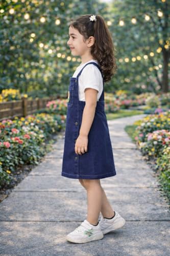 Image of superminis Girls Twill Denim Solid Color Dungree /Dress With Embroidered Pocket (1 Dress,1 Tee)