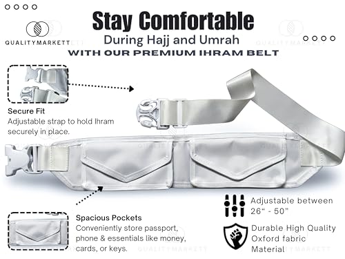 Premium Ihram Belt for Hajj & Umrah, Comfortable Pilgrim Waist Belt with Secure Zippered Pockets for Documents and Phones, Adjustable Waist Size 26’’-50’’ Inches Anti Theft Double Lock Buckle2