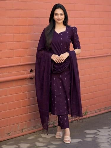 Image of ANNI Designer Women's Purple Printed Kurta Set | Pure Viscose 3 Piece Ethnic Suit Set with Pant & Dupatta | Festive for Women | Cotton Kurta Sets for Woman