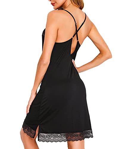 Rayson-Chemise-de-Nuit-Femme-Longue-Modal-Col-V-sans-Manche-Dentelle-Vetements-de-Nuit-Femme-Bretelles-Reglables-Nuisette-Femme