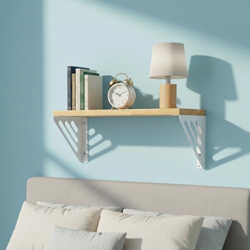 Image of Wall Shelf with Wooden Top Black|White Iron Brackets Storage Rack|Industrial Wall-Mounted Floating Shelf for Living Room,Kitchen,Bathroom (White Lines Small)