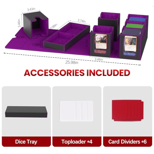 Image of Gomyrod Card Deck Box for MTG with Commander Display, 7 In 1 Card Storage Box Fits 600+ Double-sleeved Cards, Removable MTG Deck Case Fit for TCG /Sports /Baseball Cards with Dice Tray (Black & Purple)