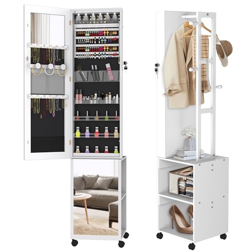 FIVMEN Schmuckschrank mit Spiegel Spiegelschrank Schminkschrank mit Rollen und 6 LEDs Abschließbar Schmuckaufbewahrung Make-Up Organizer 3 in 1 mit...