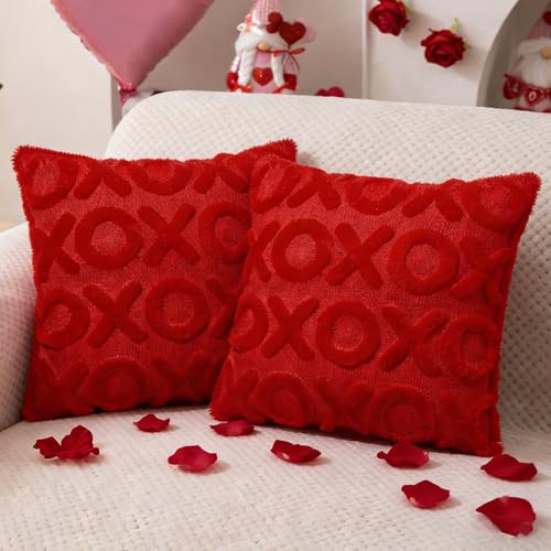 Mtruil Valentine Pillow Cover XXOO Pattern Throw Pillow Covers Set of 2, 18 x 18 Inch Red Soft Plush Short Wool Velvet Pillow Cover,Anniversary Wedding Home Decor Jacquard Cushion Case for Sofa Couch