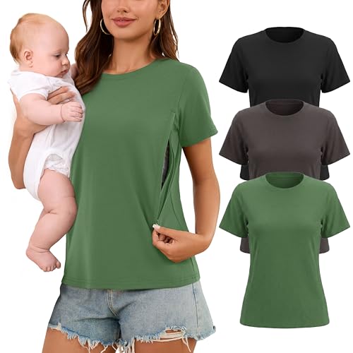 Image of Ecavus One-Handed Zipper Nursing Shirts for Breastfeeding - 3 Pack Women's Short Sleeve Nursing Tops Round Neck Maternity Top