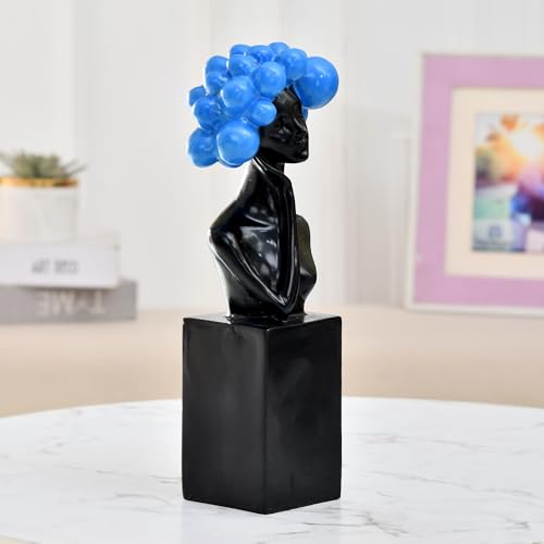 Image of Xtore Artistic Blue Sphere Bust Sculpture | Modern Black Resin Decor | Contemporary Woman Figurine | Abstract Home Accent | Luxury Art Piece for Living Room, Dining Room, or Entryway