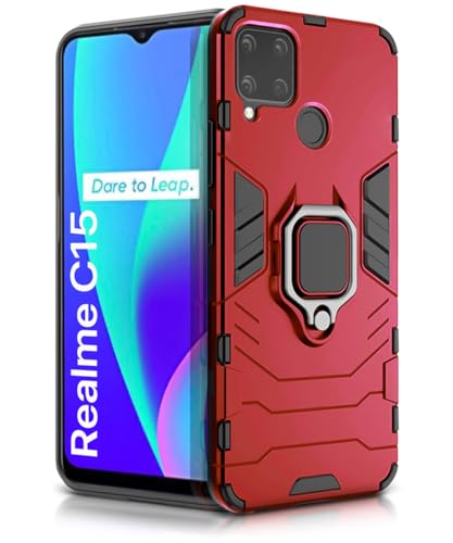 Image of WOW IMAGINE Shock Proof Back Case Mobile Cover for Realme C15 | Back Cover Case (Tough Armor | Hybrid PC + TPU | Ring Holder & in-Built Kickstand | Red)