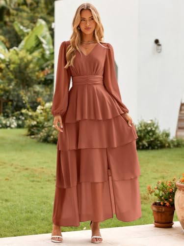 BerryGo Women's Chiffon Maxi Dresses A Line Long Sleeve High Waisted Tiered Swing Holiday Vacation Semi Formal Dress(Caramel,X-Large) — view 3
