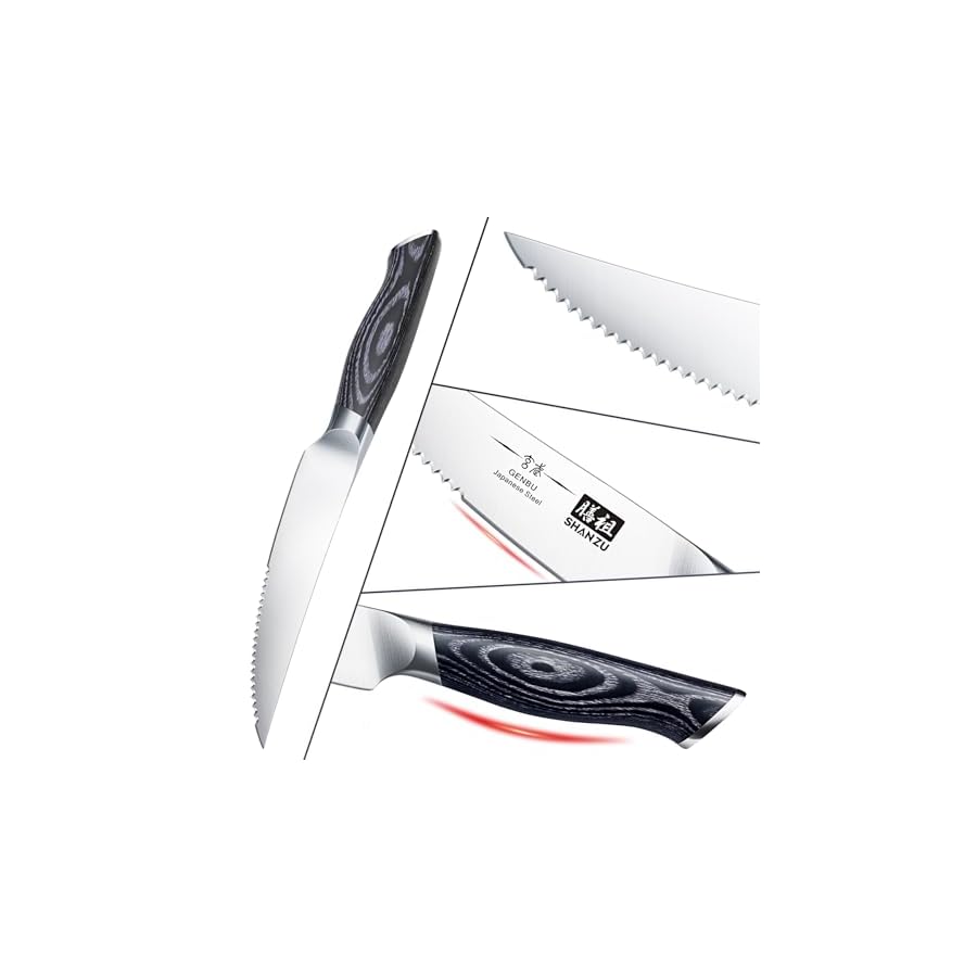 SHAN ZU 6 Pc Steak Knife Set, 4.5 Inch High Carbon Japanese Super Steel Steak Knives, Ultra Sharp Kitchen Steak Knife with K133 Ergonomic Handle, Black Tortoise Genbu Series