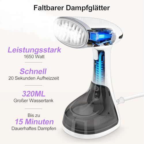 Steamer Dampfglätter 1650W 320ML Reisebügeleisen Wassertank 20s Schnelle Aufheizung 30G/min Tragbar Bügeleisen für Kleidung Dampf Dampfbürste Faltenentferner Iron für Zuhause, Büro, Reise, Weiß
