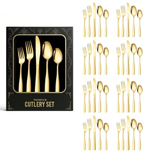 Image of aDai Premium Cutlery Set | Stainless Steel Tableware | Mirror Finish | Includes Spoon Fork Knife & Teaspoon | Elegant Flatware Set for Dining, Parties & Gifting (Gold, Set of 40)