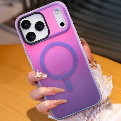 Image of AIGOMARA Magnetic Case for iPhone 17 Pro Max, Compatible with Magsafe, Fluorescent Iridescent Case for Women Girls, Shockproof Translucent Matte Protective Cover 6.9 Inch 2025, Blue Purple
