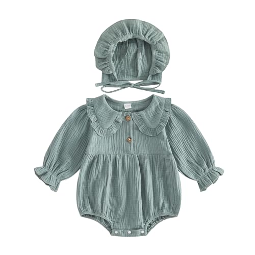 Image of XIXIMAON Newborn Girl Cotton Linen Outfits Infant Girl Long Sleeve Bubble Romper Solid Color Doll Collar Button Bodysuit Hat Set Summer Fall Baby Girl Clothes (Green, 3-6 Months)