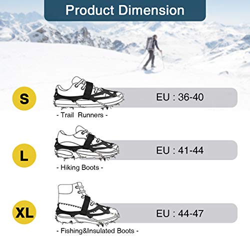 Audew Ice Cleats, Traction Cleats with Anti Slip 19 Stainless Steel Spikes, Winter Crampons Ice Snow Grips for Walking, Jogging, Climbing and Hiking on Snow & Ice (Fit M Size Shoes/Boots)