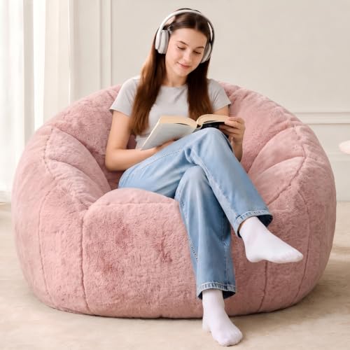 Image of HUGHEAVEN Medium Memory Foam Bean Bag Chair for Teens & Kids - 3ft | Fluffy Floor Chair Lounger, Cozy Faux Fur Reading Nook Chair, Comfy Beanbag Sofa Couch, Floor Seating Foam Seat with Filler