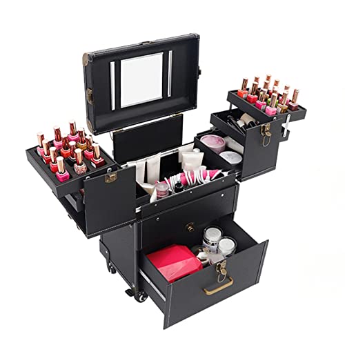 Make-up-Train Case Roll-Organizer, Reise-Trolley, Kosmetiktasche, Kosmetiktasche mit Rollen, Multi-Compartment, Beauty-Trolley für Kosmetik und Zubehör, schwarz