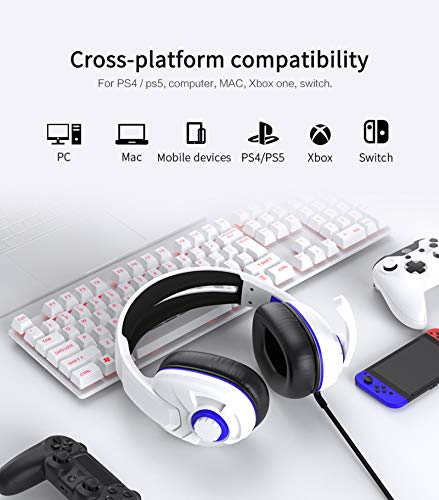 HNQH Fone de ouvido para jogos com fio para PC, fone de ouvido estéreo branco sobre a orelha com mic