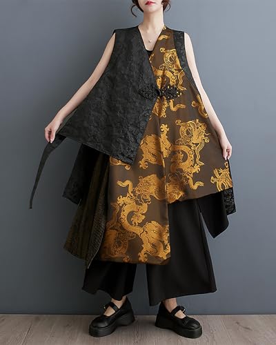 ellazhu Women's Outerwear V-Neck Sleeveless Black and Golden Dragon Pattern Oversize Loose GZ241 A4