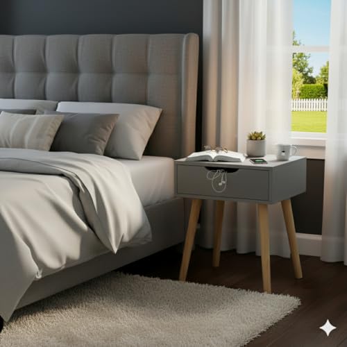 Image of Modern Bedside Table with Drawer & Wooden Legs | Compact Nightstand for Bedroom | Scandinavian Style Side Table with Storage for Home Living Room (Grey, 1 Drawer)