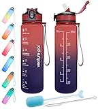 Venture Pal 32 oz Sports Water Bottle with Time Marker, Carry Strap and Cleaning Brush - BPA Free, L