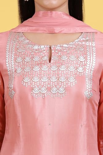 Image of W for Woman Pink Printed Shantung Straight Kurta, Pants and Dupatta Set