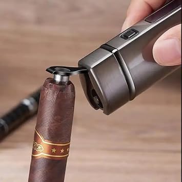 Windproof One Touch 3-Flame Butane Lighter with Electronic Firing Triple Jet Flame Flint Torch Lighter, Refillable Butane Gas Lighter for Cigar(Butane Gas not Included) (Brush Black)