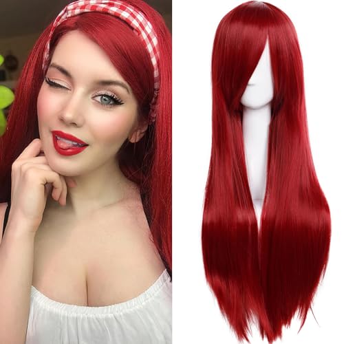 Image of S-noilite 32inch Long Straight Wine Red Hair Wig Heat Resistant Cosplay Anime Costume Red Wigs Halloweem Party Dark Red Wig for Women Burgundy Red Wigs with Bangs