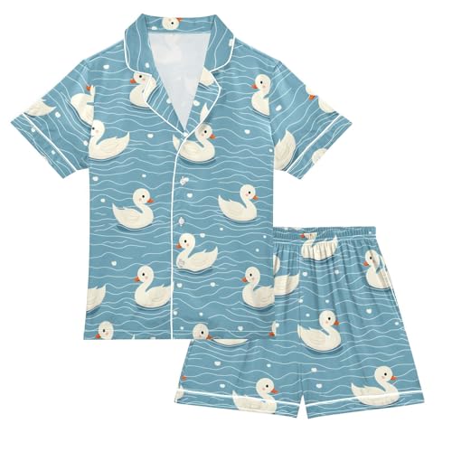ALAZA Duck Blue Wave Satin Pajamas Set Short Sleeve Button Down Sleepwear Summer Pjs 2 Piece
