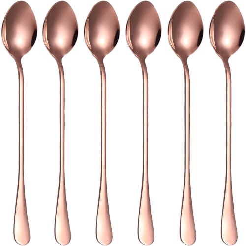 Latte Spoons,Set of 6 Long Handle Spoons,19cm Stainless Steel Coffee Spoons, Ice Tea Spoons, Espresso Spoons, Dessert Spoons for Coffee Tea Dessert Sundae (Rose Gold New)