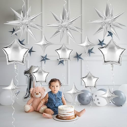 Image of 22 Inch Star Balloons Silver - 13pcs 4D Foil Metallic Star Balloons for 70s Disco Party Birthday Graduation New Year Decorations