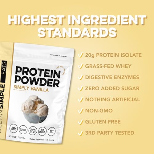 Clean Simple Eats Whey Protein Powder, Simply Vanilla Flavor Naturally Sweetened, 100% Grass Fed Protein Powder with Digestive Enzymes & No Artificial Ingredients, Gluten Free, 30 Servings