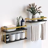 RICHER HOUSE 2+1 Tier Wall Mounted Floating Shelves Set of 2, Rustic Wood Wall Shelf with Metal Fram