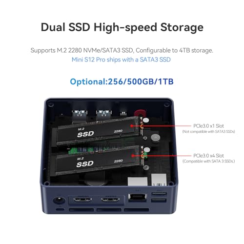 Image of Beelink Mini PC, MINI S12 Pro Intel Twin Lake N100 (4C /4T), Mini Computer 12GB LPDDR5 RAM 500GB M.2 SATA SSD, Desktop PC Dual HDMI 4K UHD /2.5G Ethernet /WiFi6 /BT5.2 /W11 Home /HTPC