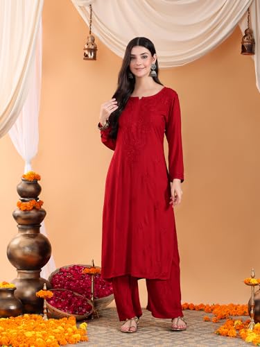 Image of POSHAK CHIKAN STUDIO Women's Hand Embroidered Lucknowi Chikankari Rayon Co-ord Set